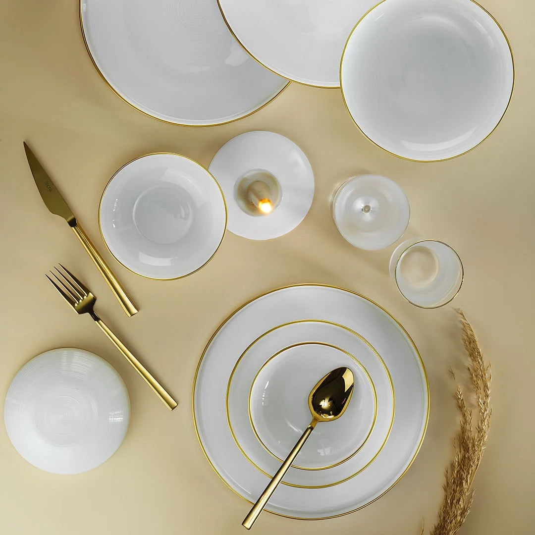 Fecra Circle 18 Piece Glass Dinner Set for 6 People, White/Gold