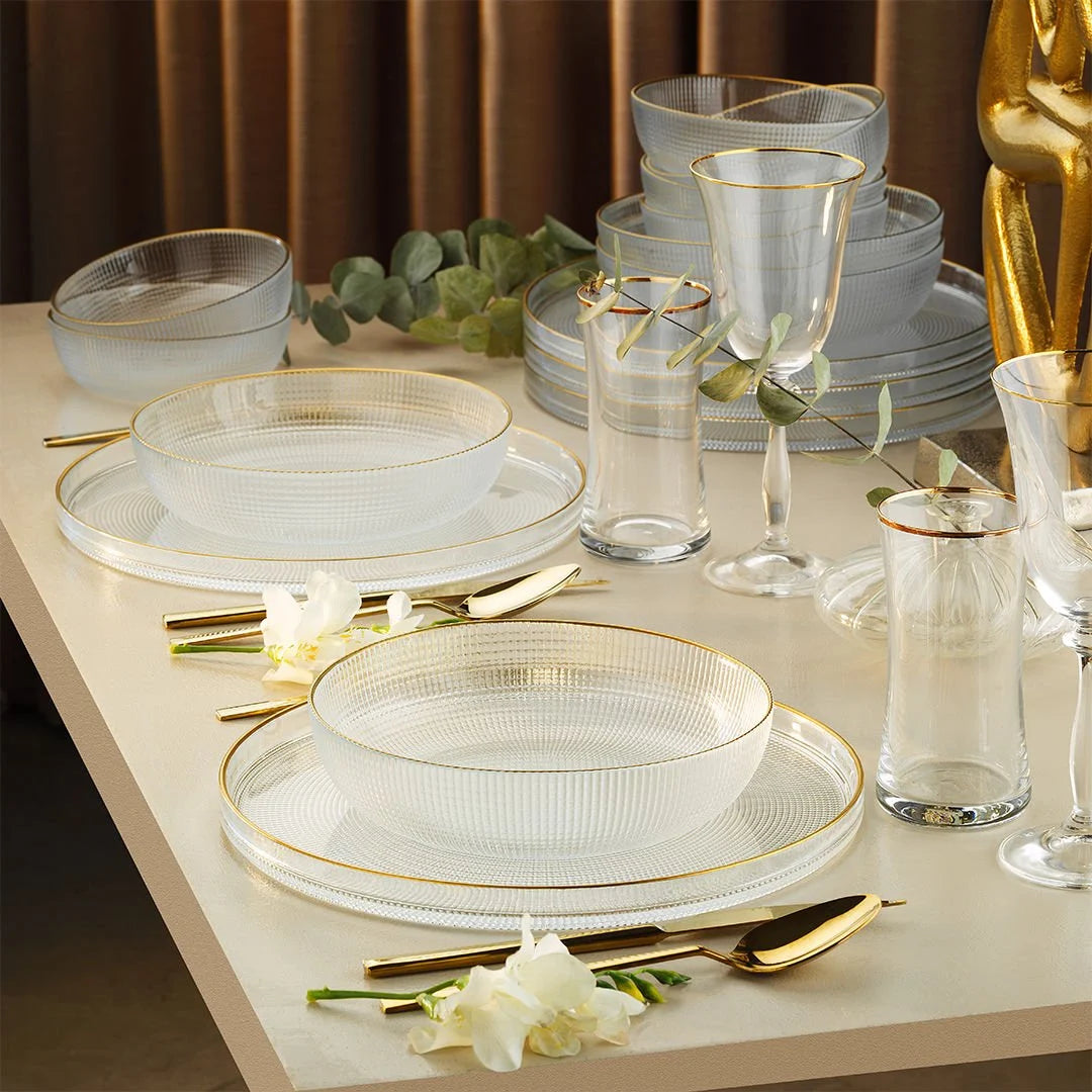 Fecra Loren 18 Piece Glass Dinner Set for 6 People, Clear/Gold