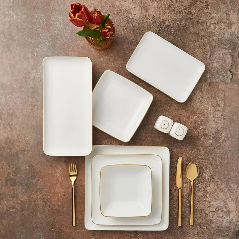 Güral Porcelain Kansas 54 Piece Porcelain Dinner Set for 12 People, White/Gold