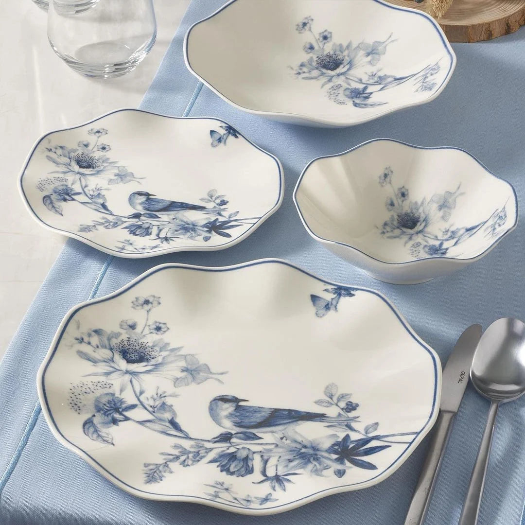 Güral Porcelain Nesrin 24 Piece Porcelain Dinner Set for 6 People, White/Blue