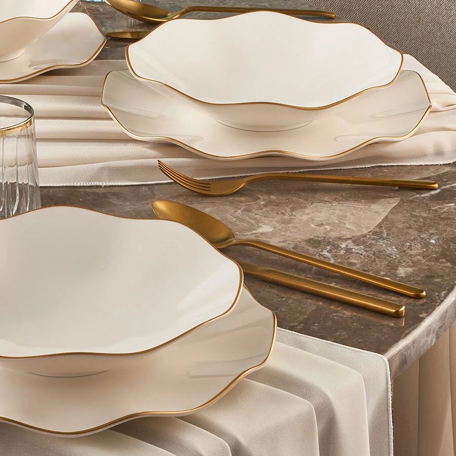 Güral Porcelain Nesrin 24 Piece Porcelain Dinner Set for 6 People, White/Gold