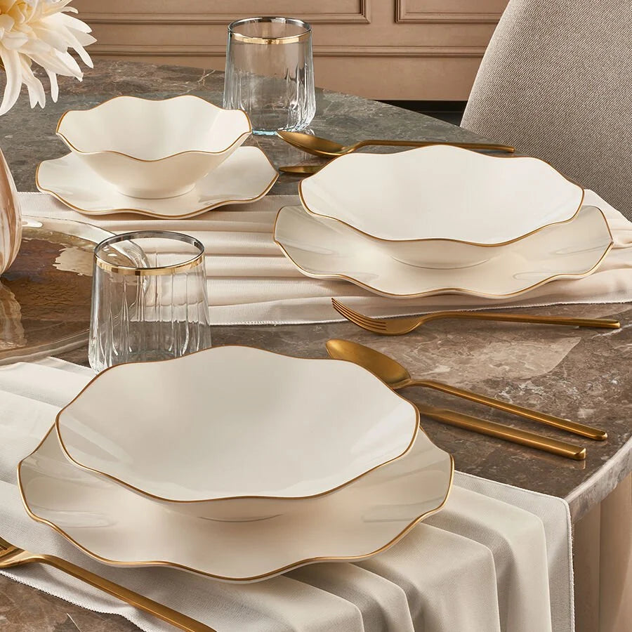 Güral Porcelain Nesrin 24 Piece Porcelain Dinner Set for 6 People, White/Gold