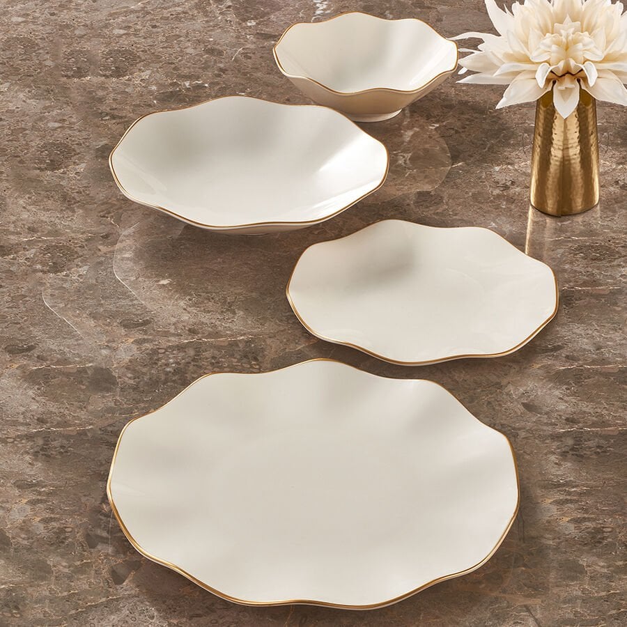 Güral Porcelain Nesrin 24 Piece Porcelain Dinner Set for 6 People, White/Gold