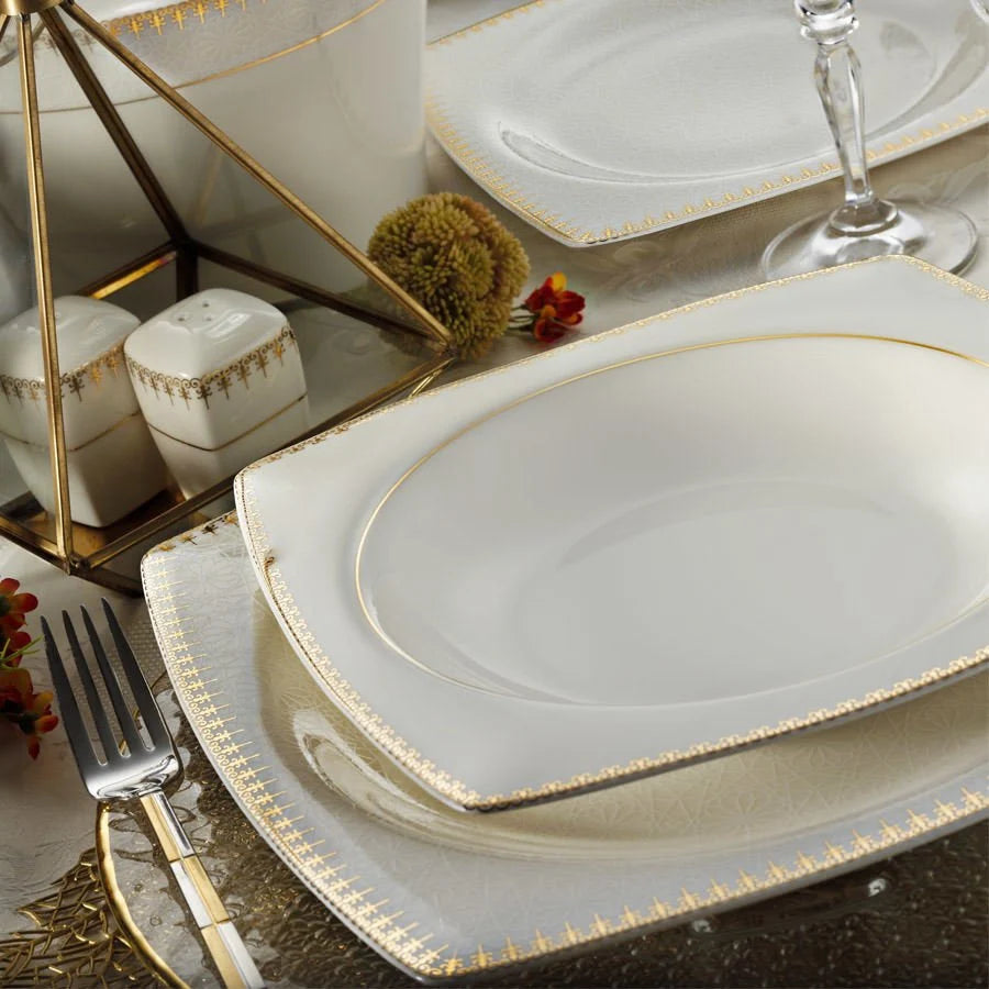 Kütahya Porcelain Bone Mare Patterned 62 Piece Porcelain Dinner Set for 12 People, White/Gold