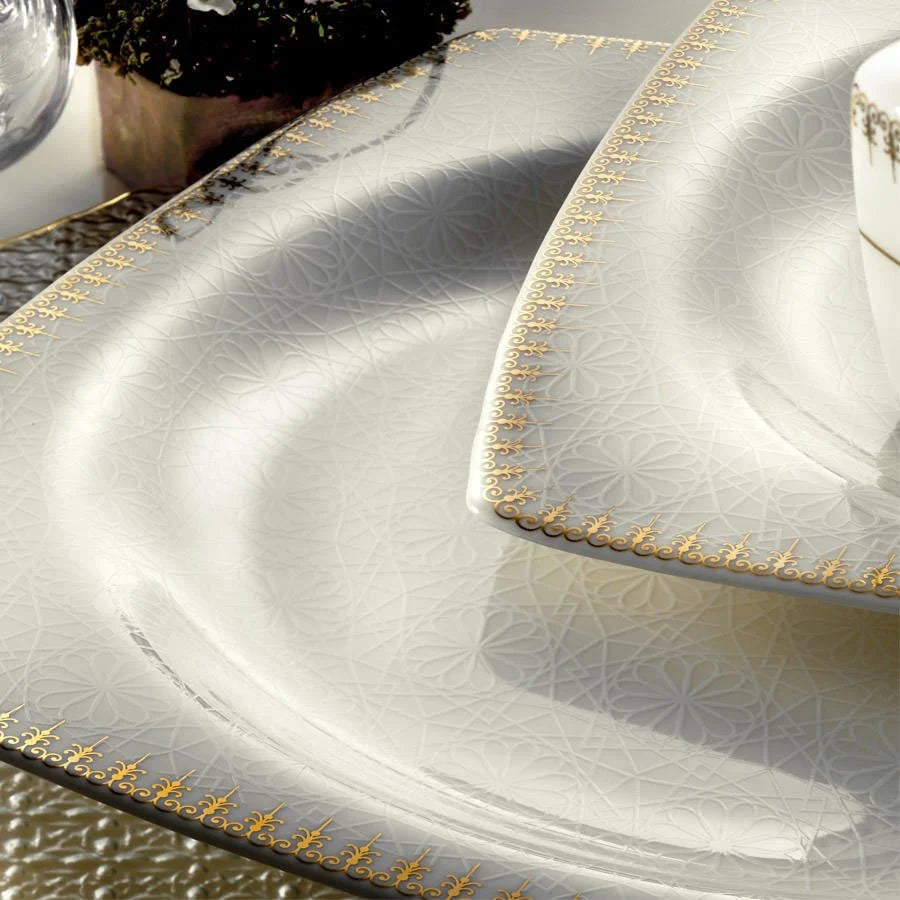 Kütahya Porcelain Bone Mare Patterned 62 Piece Porcelain Dinner Set for 12 People, White/Gold