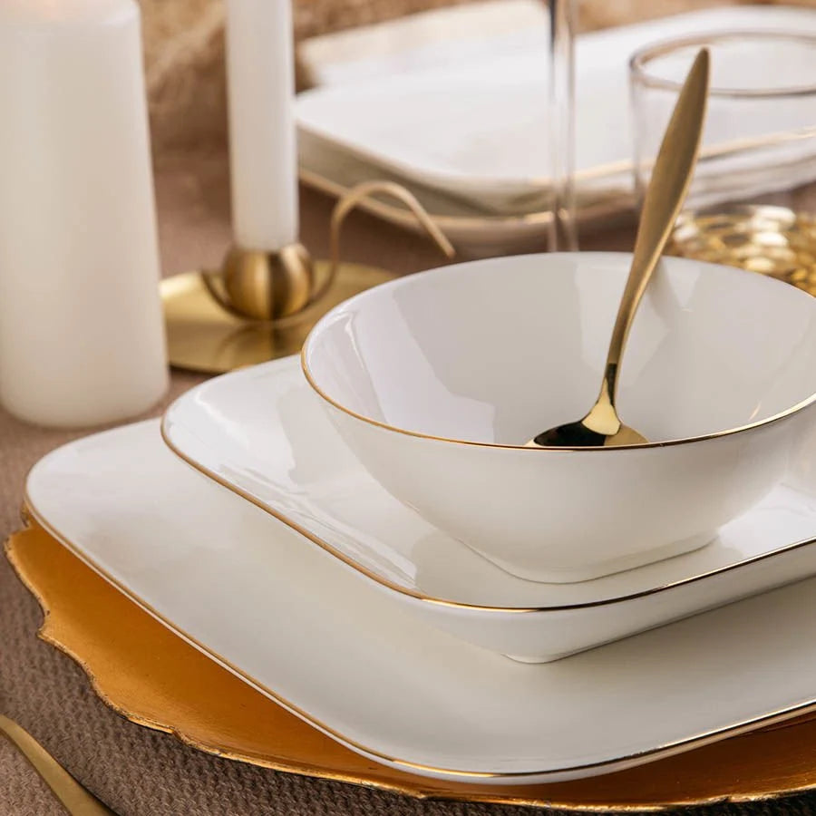 Kütahya Porcelain Bone Minas 51 Piece Porcelain Dinner Set for 12 People, White/Gold