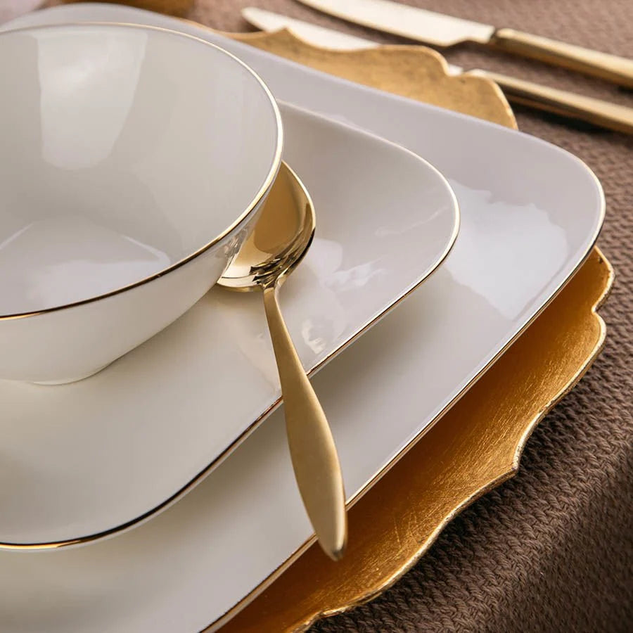 Kütahya Porcelain Bone Minas 51 Piece Porcelain Dinner Set for 12 People, White/Gold