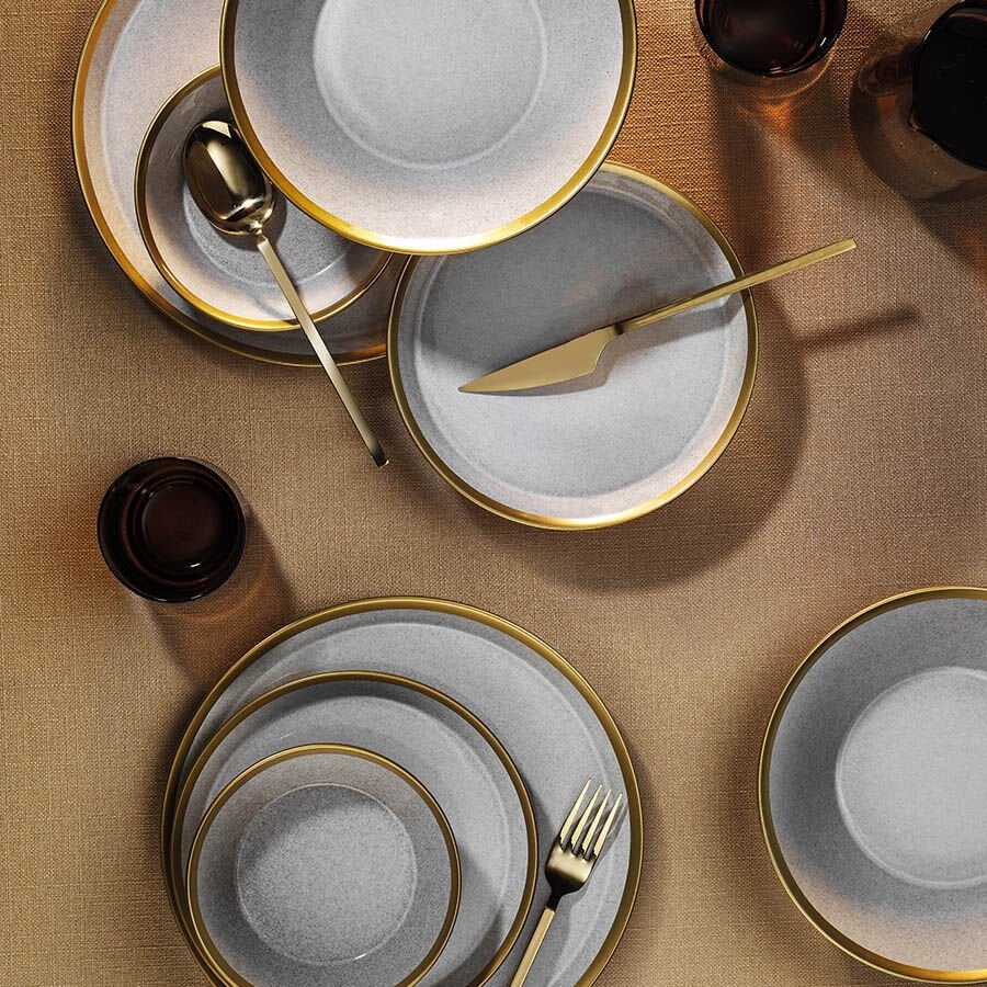 Kütahya Porcelain Forza 24 Piece Porcelain Dinner Set for 6 People, Grey/Gold