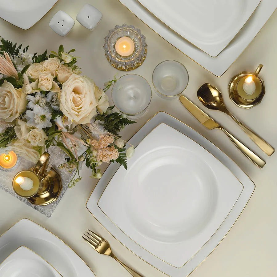 Kütahya Porcelain Inci Bone Mare 53 Piece Porcelain Dinner Set for 12 People, White/Gold