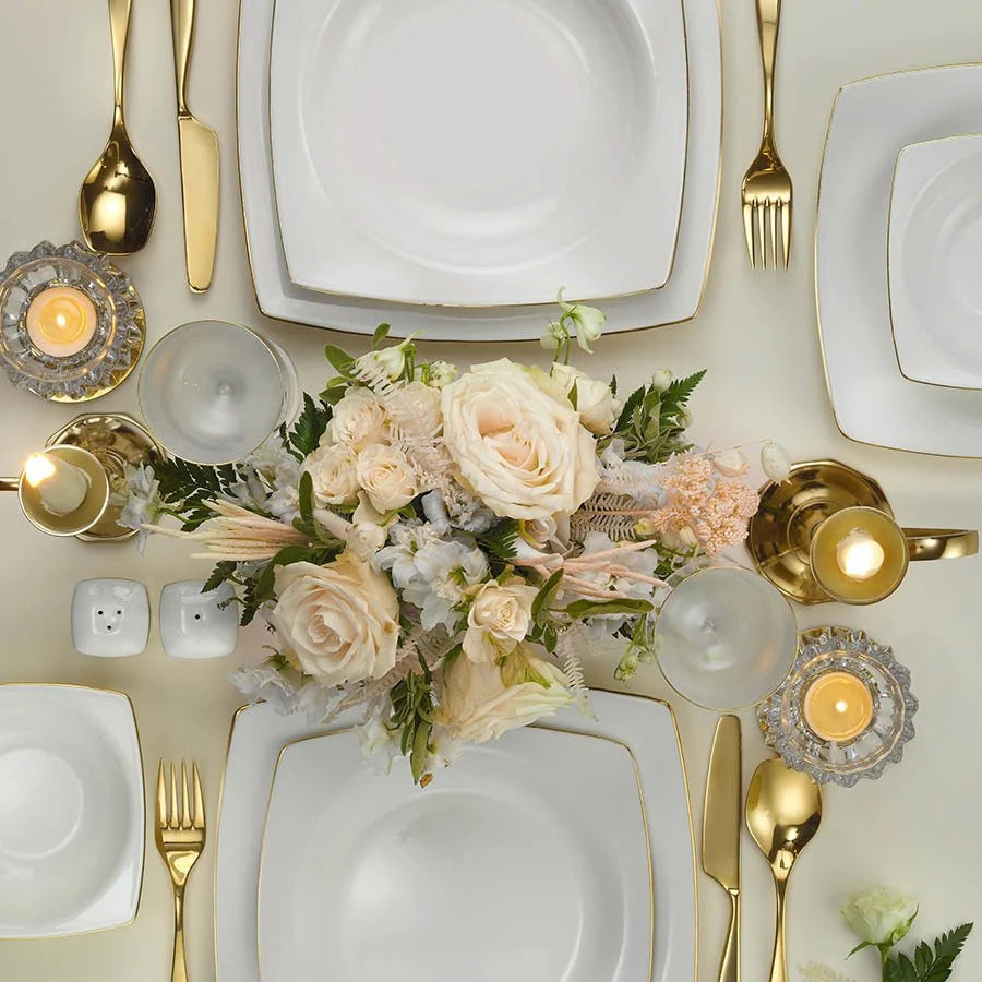 Kütahya Porcelain Inci Bone Mare 53 Piece Porcelain Dinner Set for 12 People, White/Gold