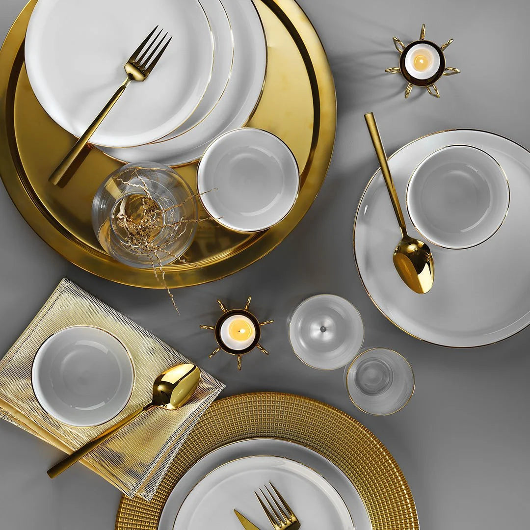 Porland Almina 18 Piece Porcelain Dinner Set for 6 People, White/Gold