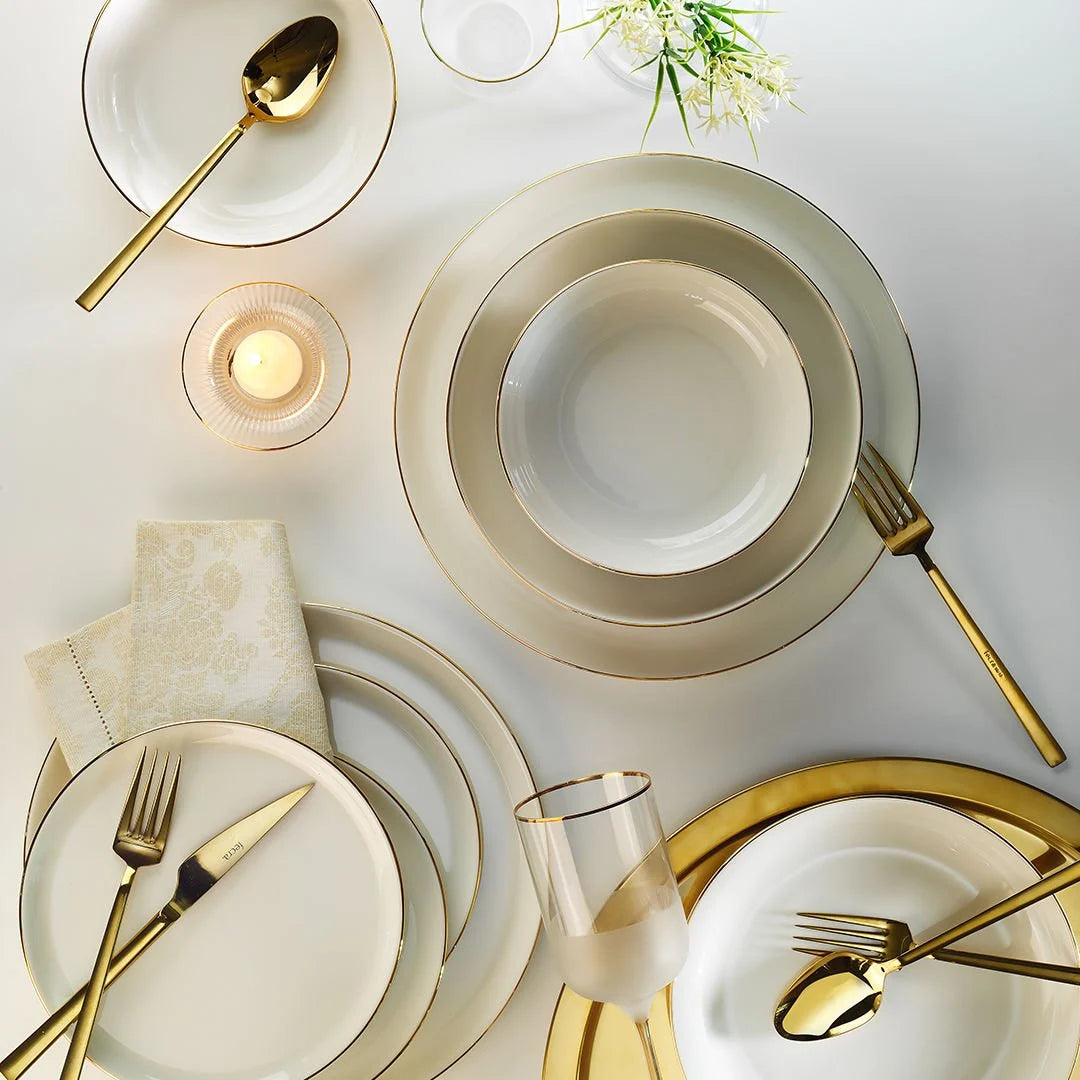 Porland Alvin 24 Piece Porcelain Dinner Set for 6 People, White/Gold