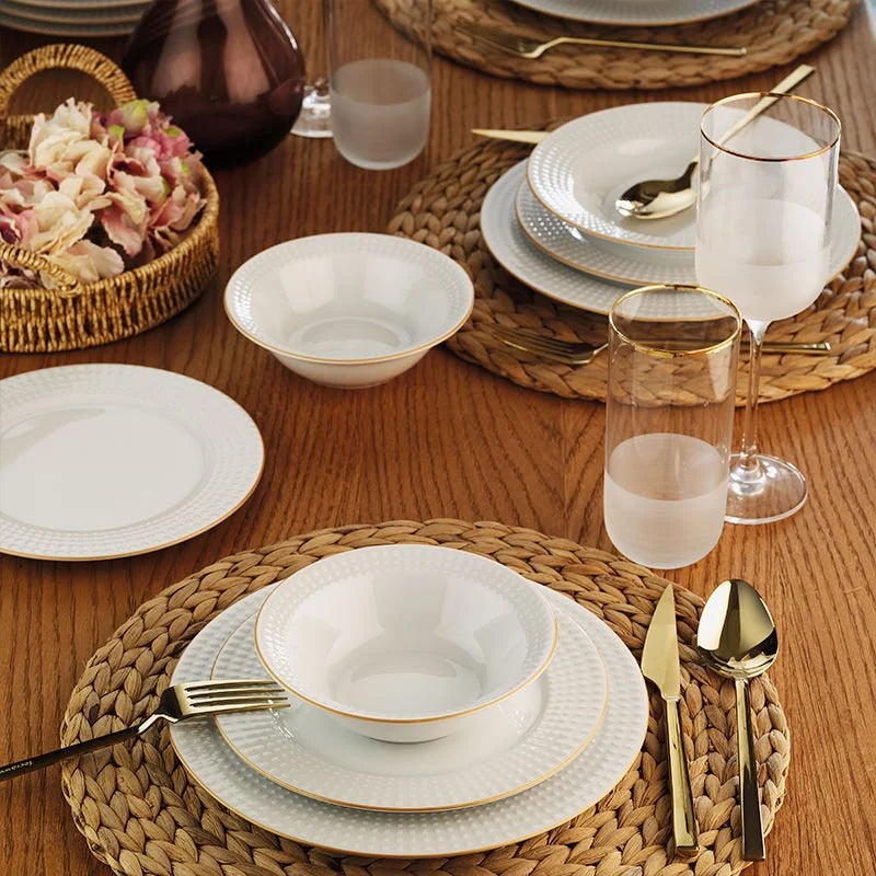 Porland Izem 24 Piece Porcelain Dinner Set for 6 People, White/Gold