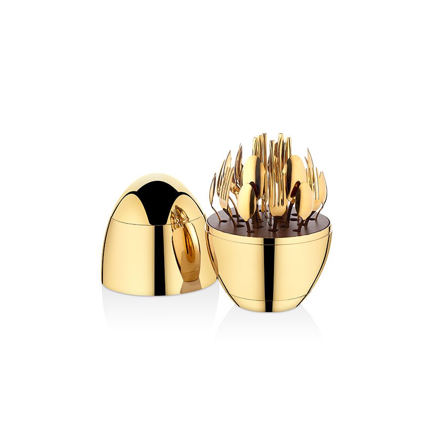 Fecra 24 Piece Stainless Steel Cutlery Set with Egg Stand for 6 People, Gold