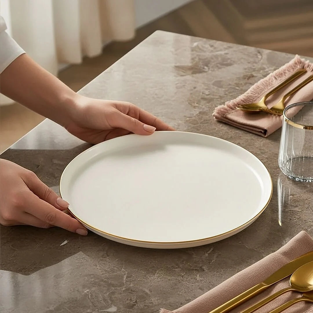 Güral Porcelain Bilbao 6 Piece Porcelain Dessert Plates Serveware Set 21cm, Cream/Gold