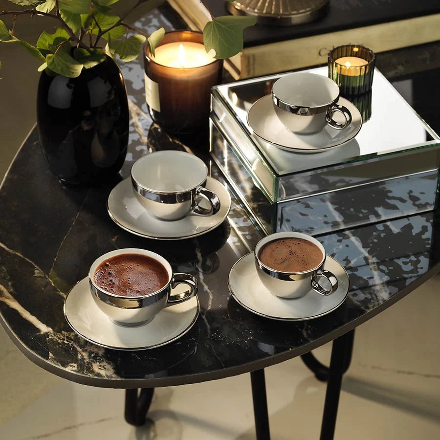Kütahya Porcelain Zeugma 4 Piece Coffee Cup Set for 2 People 90ml, White/Platinum