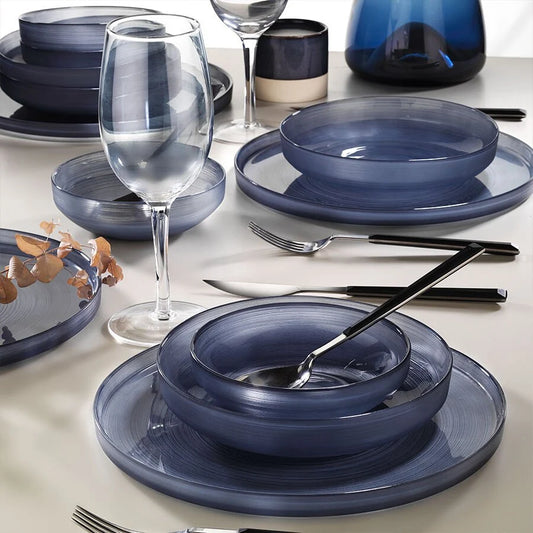 Fecra Circle 18 Piece Glass Dinner Set for 6 People, Anthracite Grey