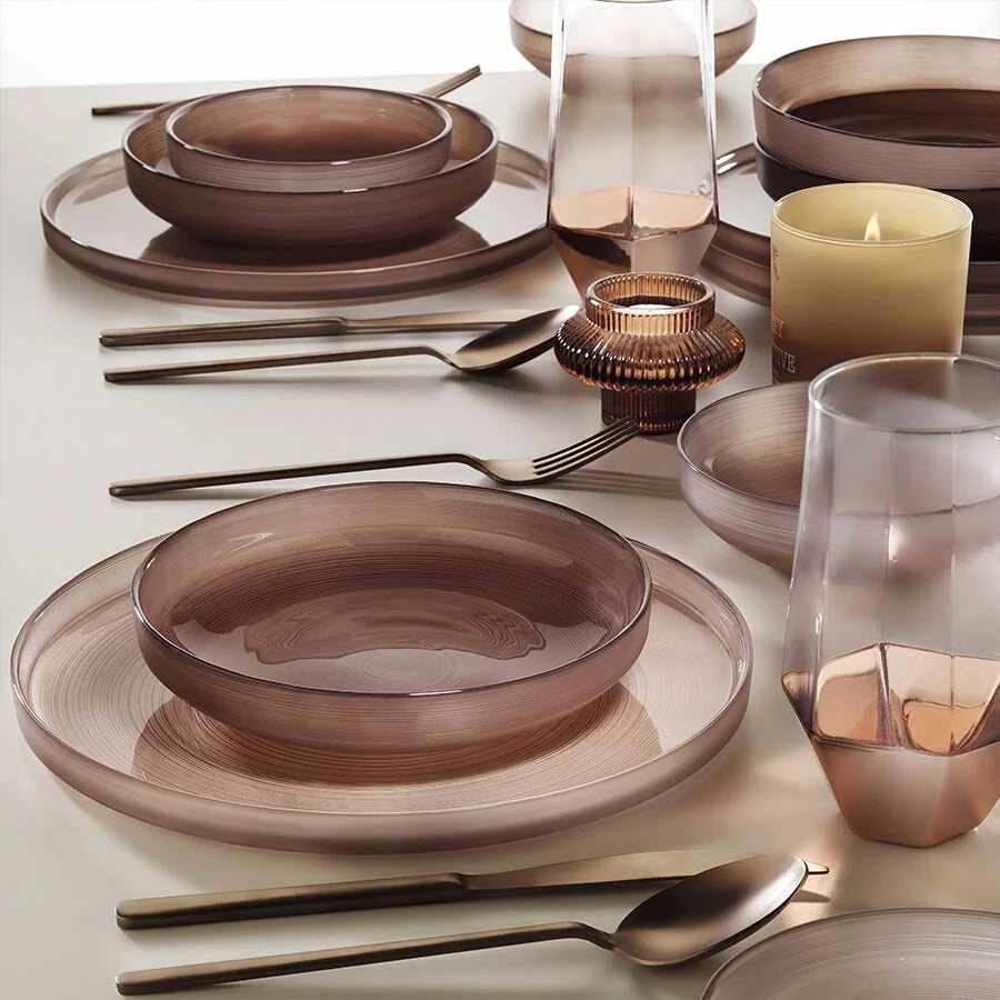 Fecra Circle 18 Piece Glass Dinner Set for 6 People, Brown