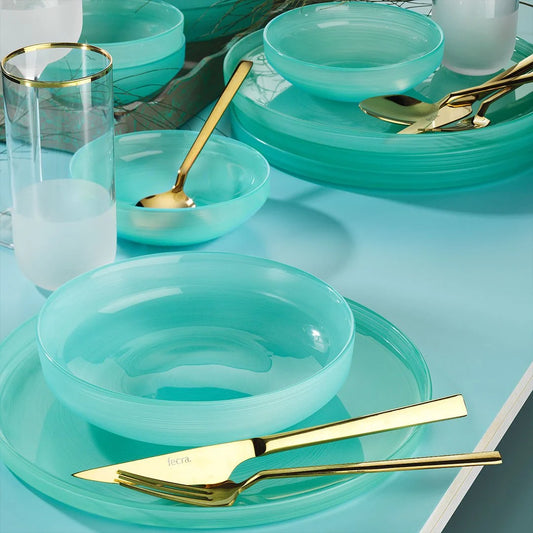 Fecra Circle 18 Piece Glass Dinner Set for 6 People, Cyan Blue