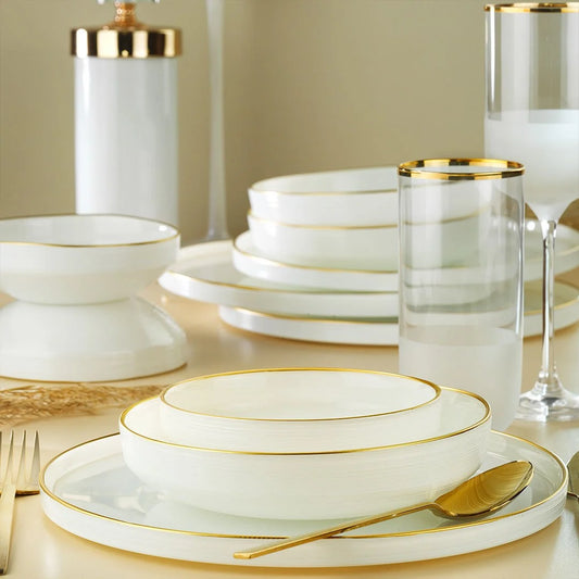 Fecra Circle 18 Piece Glass Dinner Set for 6 People, White/Gold