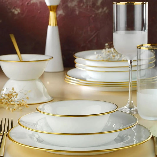 Fecra Glare 18 Piece Glass Dinner Set for 6 People, White/Gold