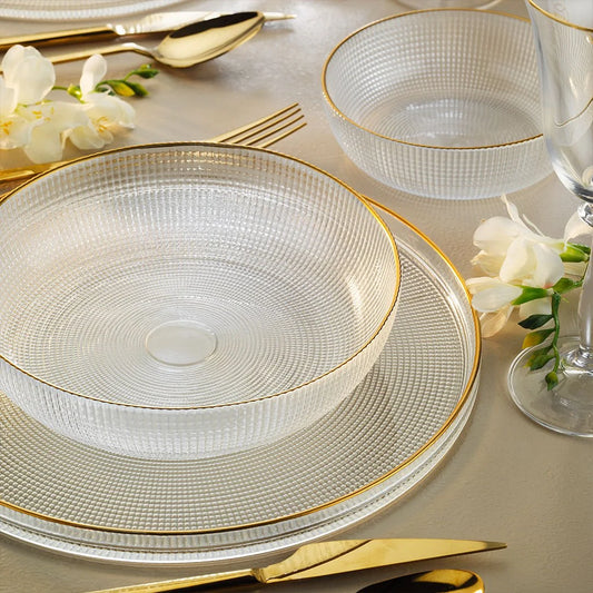 Fecra Loren 18 Piece Glass Dinner Set for 6 People, Clear/Gold