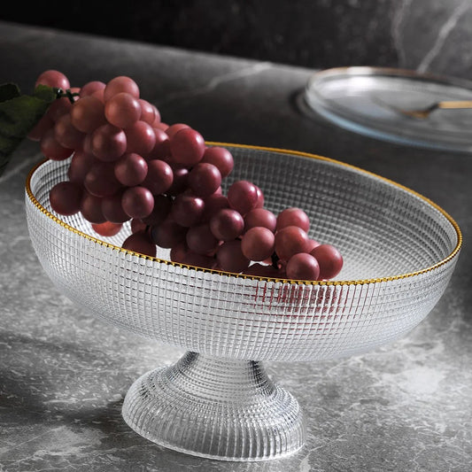 Fecra Loren Glass High Pedastal Fruit Serving Bowl 24cm, Clear/Gold