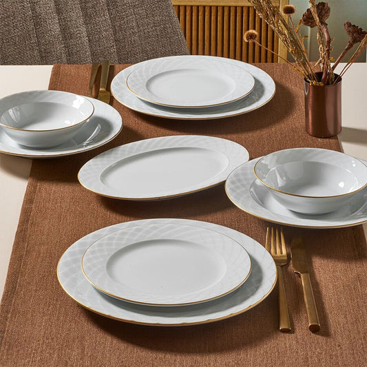 Güral Porcelain Alfa 51 Piece Porcelain Dinner Set for 12 People, White/Gold