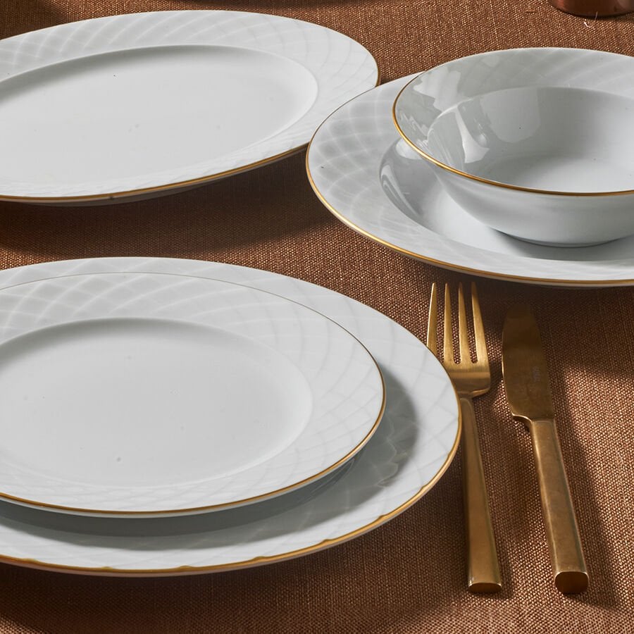 Güral Porcelain Alfa 51 Piece Porcelain Dinner Set for 12 People, White/Gold