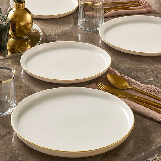 Güral Porcelain Bilbao 6 Piece Porcelain Dessert Plates Serveware Set 21cm, Cream/Gold