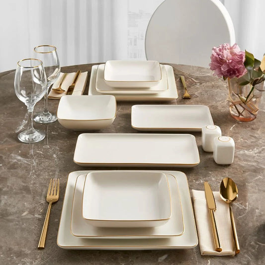 Güral Porcelain Kansas 54 Piece Porcelain Dinner Set for 12 People, White/Gold