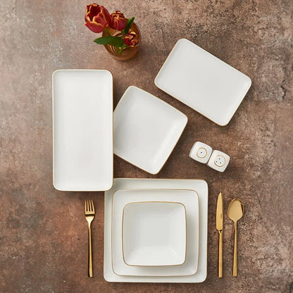 Güral Porcelain Kansas 54 Piece Porcelain Dinner Set for 12 People, White/Gold