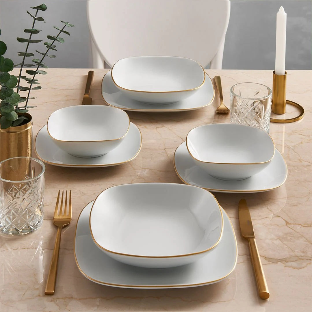 Güral Porcelain Mimoza 24 Piece Porcelain Dinner Set for 6 People, White/Gold