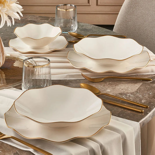Güral Porcelain Nesrin 24 Piece Porcelain Dinner Set for 6 People, White/Gold