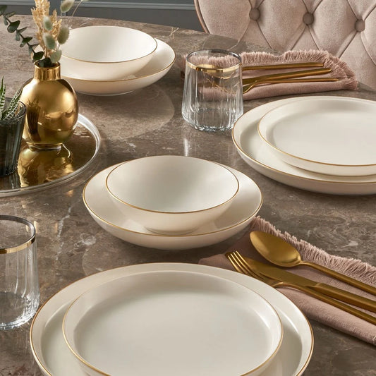 Güral Porselen Bilbao 24 Piece Porcelain Dinner Set for 6 People, Cream/Gold