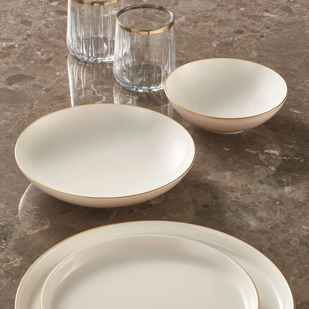 Güral Porselen Bilbao 24 Piece Porcelain Dinner Set for 6 People, Cream/Gold