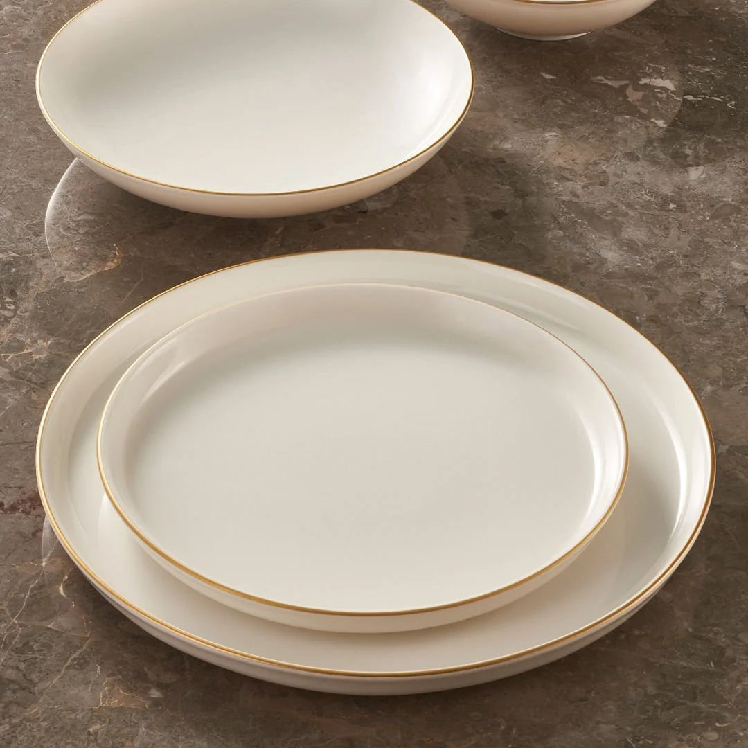 Güral Porselen Bilbao 24 Piece Porcelain Dinner Set for 6 People, Cream/Gold