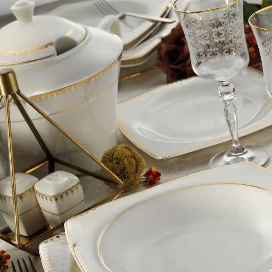 Kütahya Porcelain Bone Mare Patterned 62 Piece Porcelain Dinner Set for 12 People, White/Gold