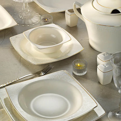 Kütahya Porcelain Bone Mare Floral Patterned 62 Piece Porcelain Dinner Set for 12 People, White/Gold