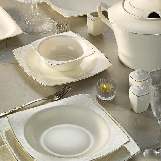 Kütahya Porcelain Bone Mare Floral Patterned 62 Piece Porcelain Dinner Set for 12 People, White/Gold