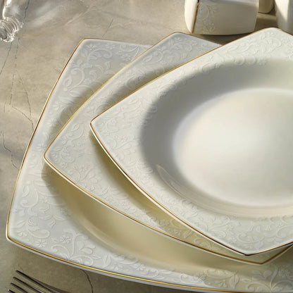 Kütahya Porcelain Bone Mare Floral Patterned 62 Piece Porcelain Dinner Set for 12 People, White/Gold