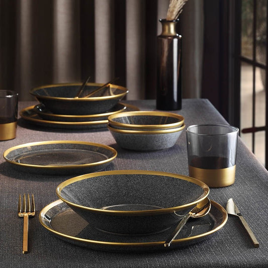 Kütahya Porcelain Forza 24 Piece Porcelain Dinner Set for 6 People, Black/Gold