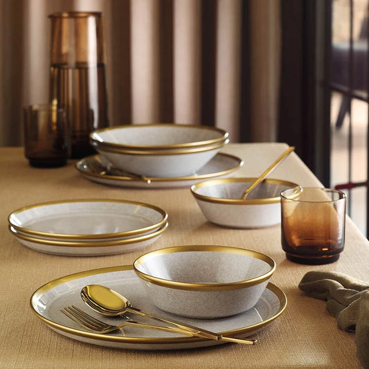 Kütahya Porcelain Forza 24 Piece Porcelain Dinner Set for 6 People, Grey/Gold