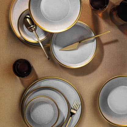 Kütahya Porcelain Forza 24 Piece Porcelain Dinner Set for 6 People, Grey/Gold