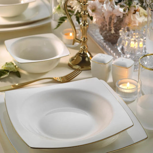 Kütahya Porcelain Inci Bone Mare 53 Piece Porcelain Dinner Set for 12 People, White/Gold