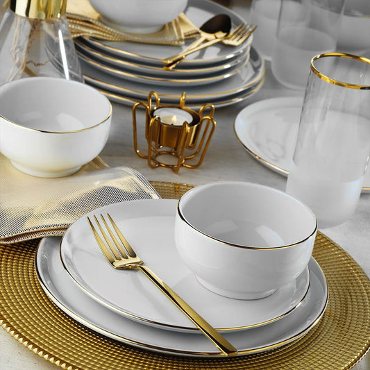 Porland Almina 18 Piece Porcelain Dinner Set for 6 People, White/Gold