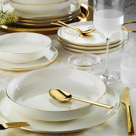 Porland Alvin 24 Piece Porcelain Dinner Set for 6 People, White/Gold