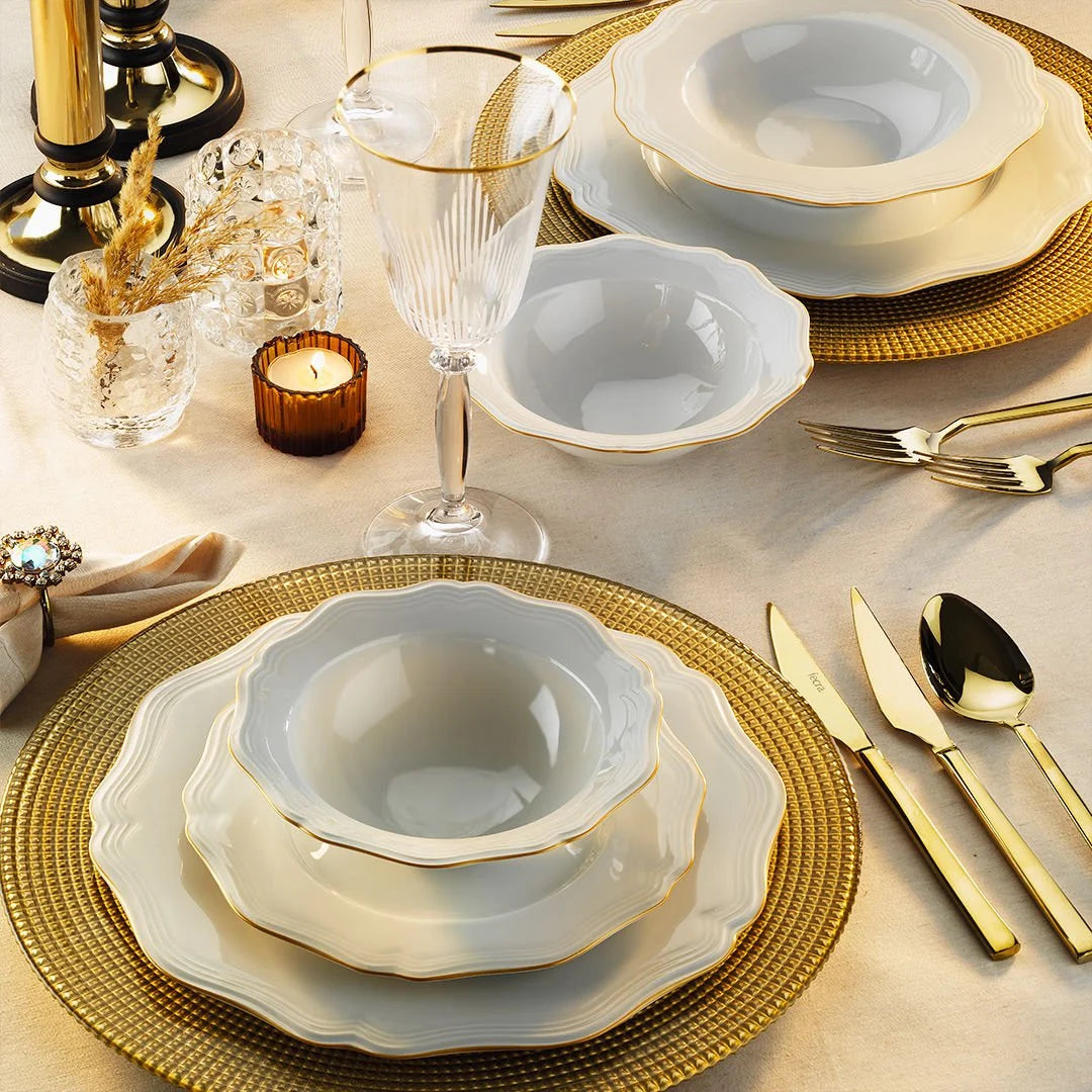 Porland Isabel 24 Piece Porcelain Dinner Set for 6 People, White/Gold