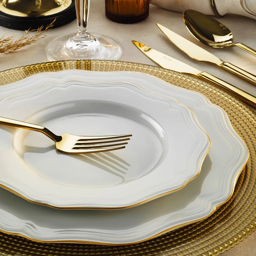 Porland Isabel 24 Piece Porcelain Dinner Set for 6 People, White/Gold