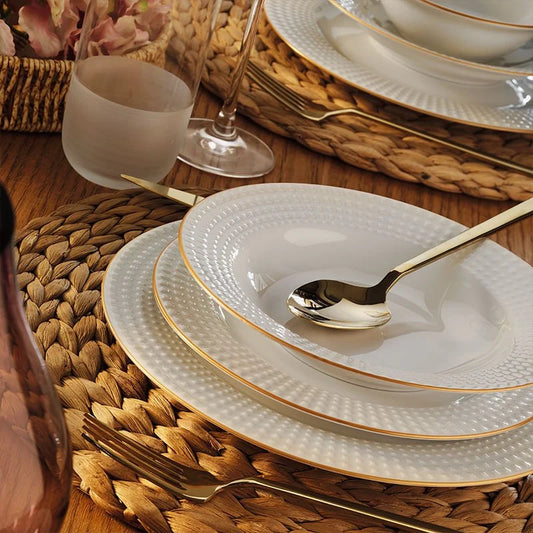 Porland Izem 24 Piece Porcelain Dinner Set for 6 People, White/Gold